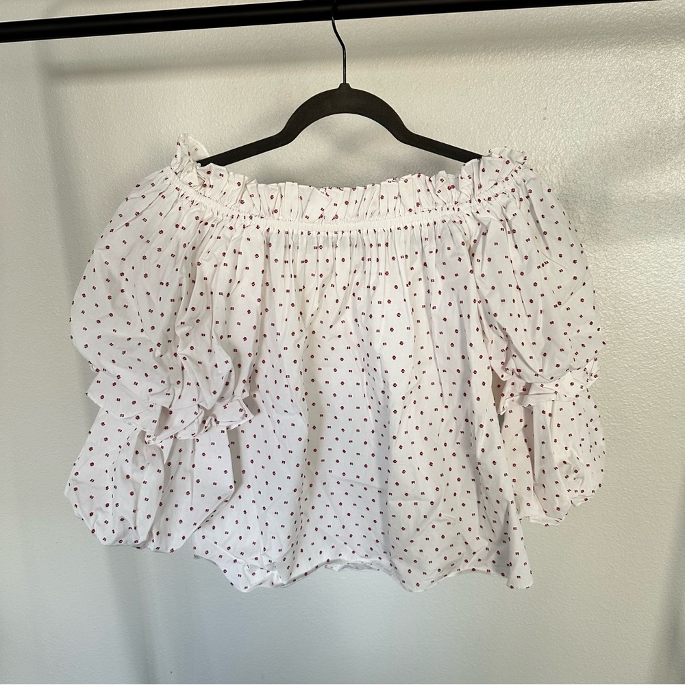 Caroline constas for intermix White Polka Dot Off-Shoulder Top